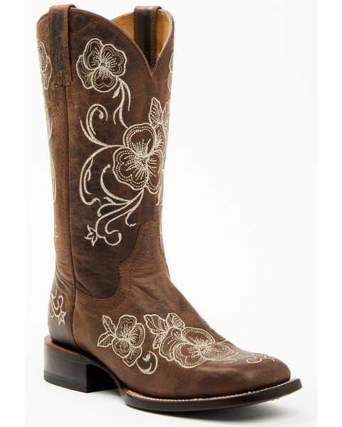 Botas Femininas Shyanne Lasy com bordado floral estilo western - bico quadrado largo